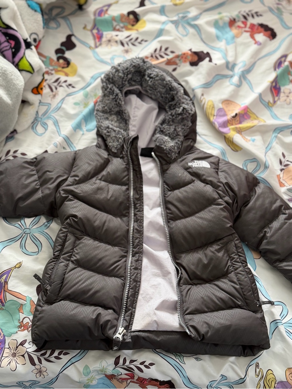 The North Face Kids Brown/Gray Puffer Jacket with Faux-Fur Hood